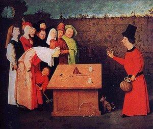 The Conjurer, after or follower of Hieronymus Bosch, Musée municipal, Saint-Germain-en-Laye. The 2004 cover credited Bosch outright; the attribution is now disputed. The panel shows cups and balls, a cousin of the shell game.